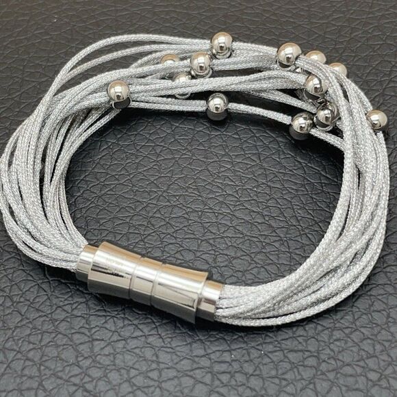 Stainless Steel Woven Bracelet Multi Strand w/ Bead Details Silver Tone 6.75" - Picture 3 of 6
